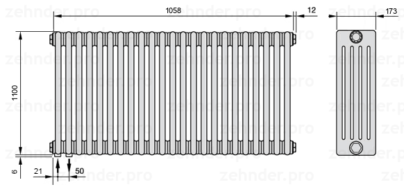 Схема (чертеж) Радиатор Zehnder Charleston 5110/23 №3370 Белый глянцевый RAL 9016